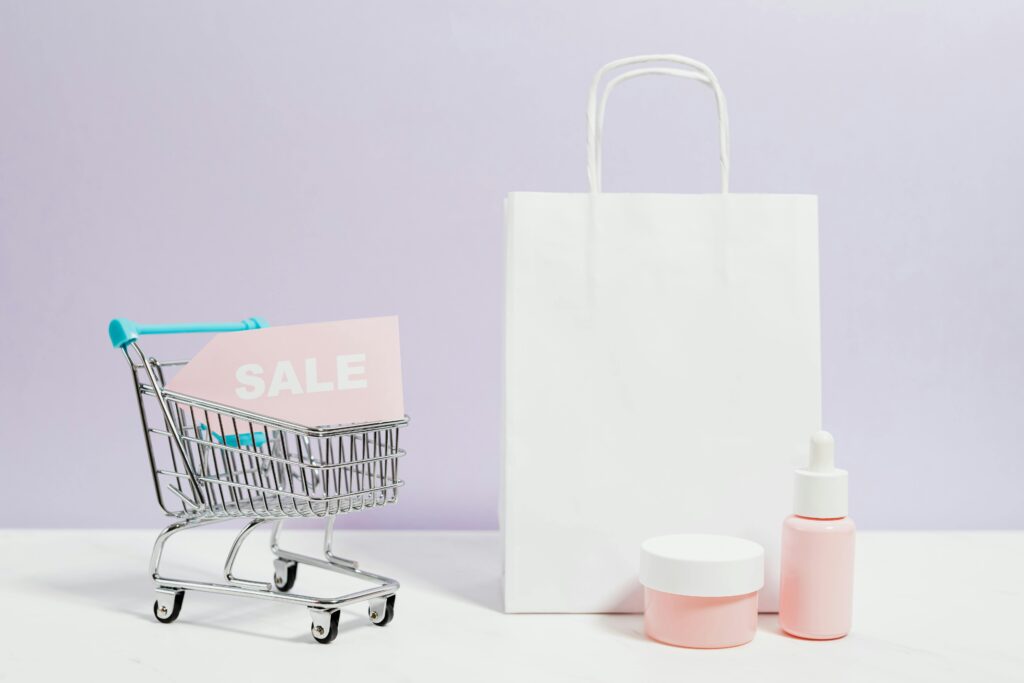 pexels photo 5632393 5632393 Aesthetic shopping scene with a white bag, cart, and cosmetics on sale.