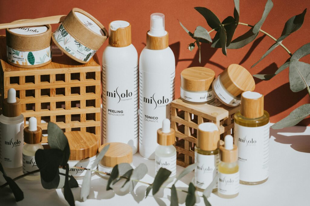 pexels photo 6767779 6767779 Aesthetic display of eco-friendly cosmetic products featuring eucalyptus leaves and bamboo elements.